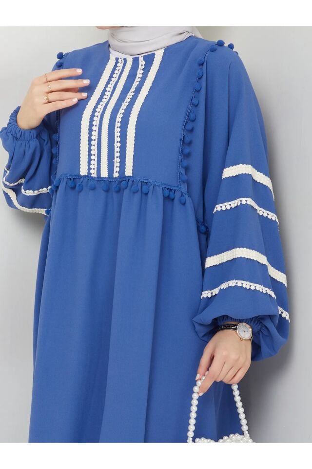Şerit İşlemeli Geniş Elbise Mavi 4XL