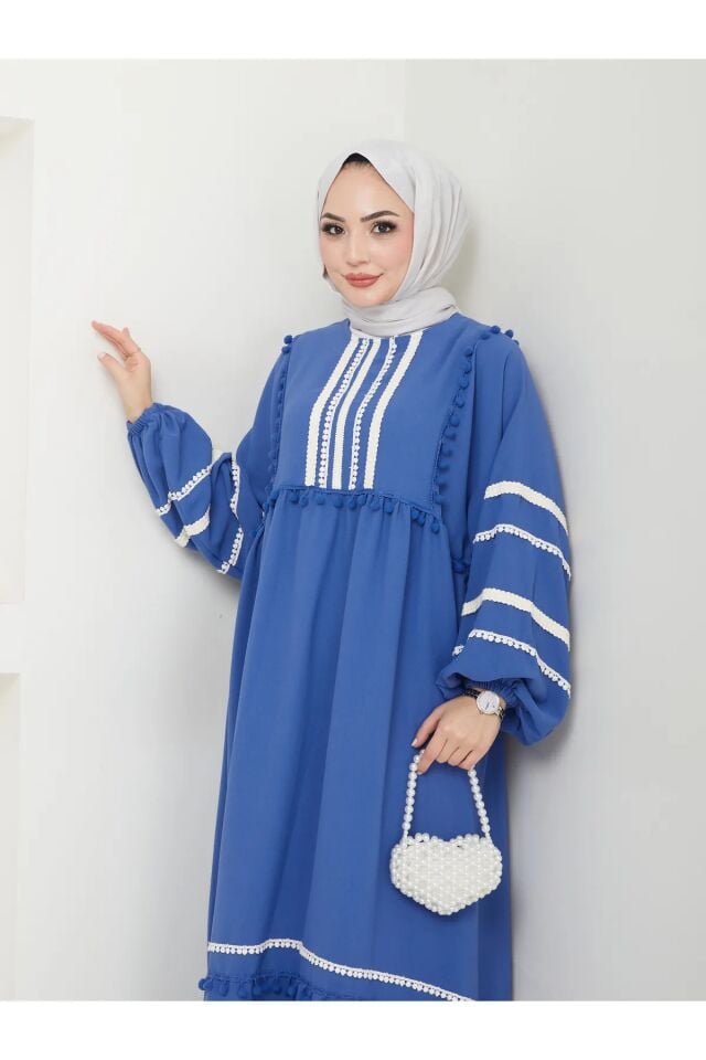 Şerit İşlemeli Geniş Elbise Mavi 4XL