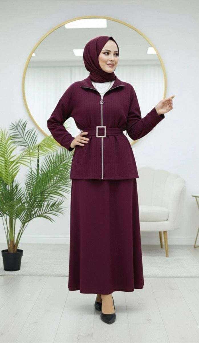 Loyşa Kemer Detaylı Etekli Takım Bordo XL