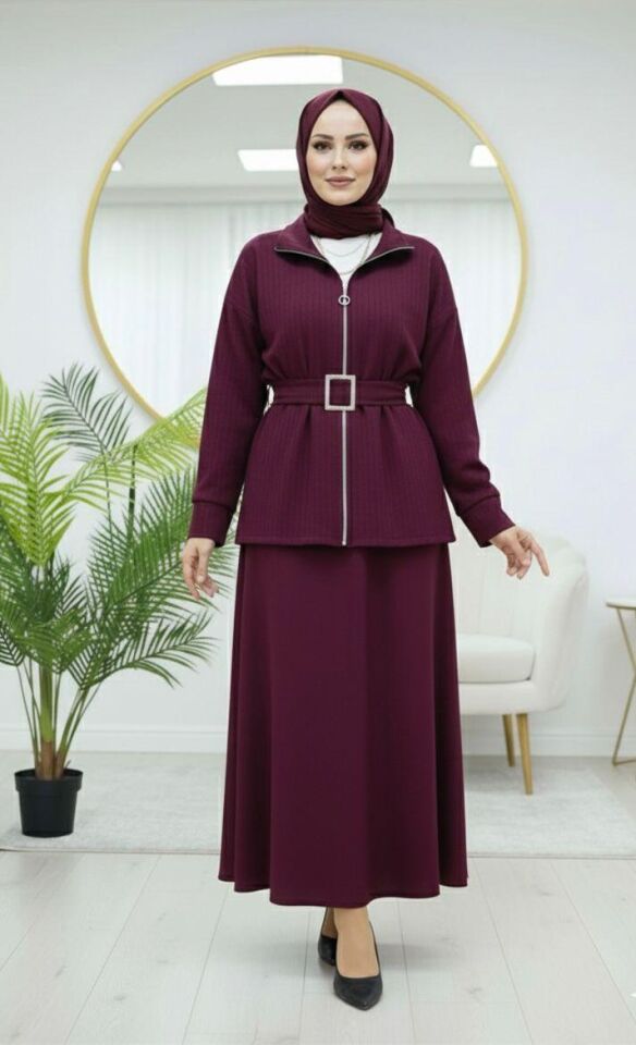 Loyşa Kemer Detaylı Etekli Takım Bordo XL