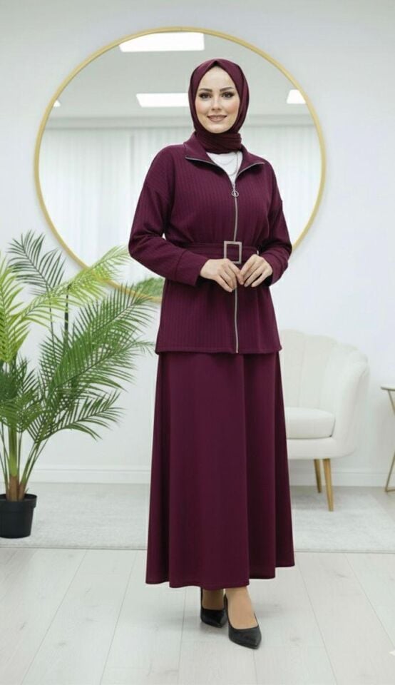 Loyşa Kemer Detaylı Etekli Takım Bordo M
