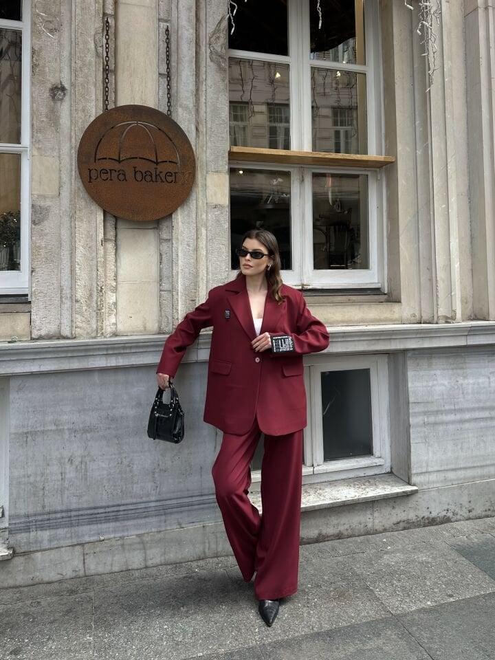 Barkod Armalı Astarlı Blazer Ceket Bordo L