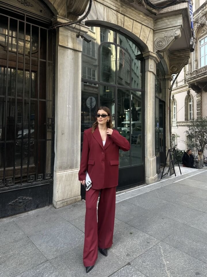 Düğme Detaylı Pensli Blazer Ceket Bordo L