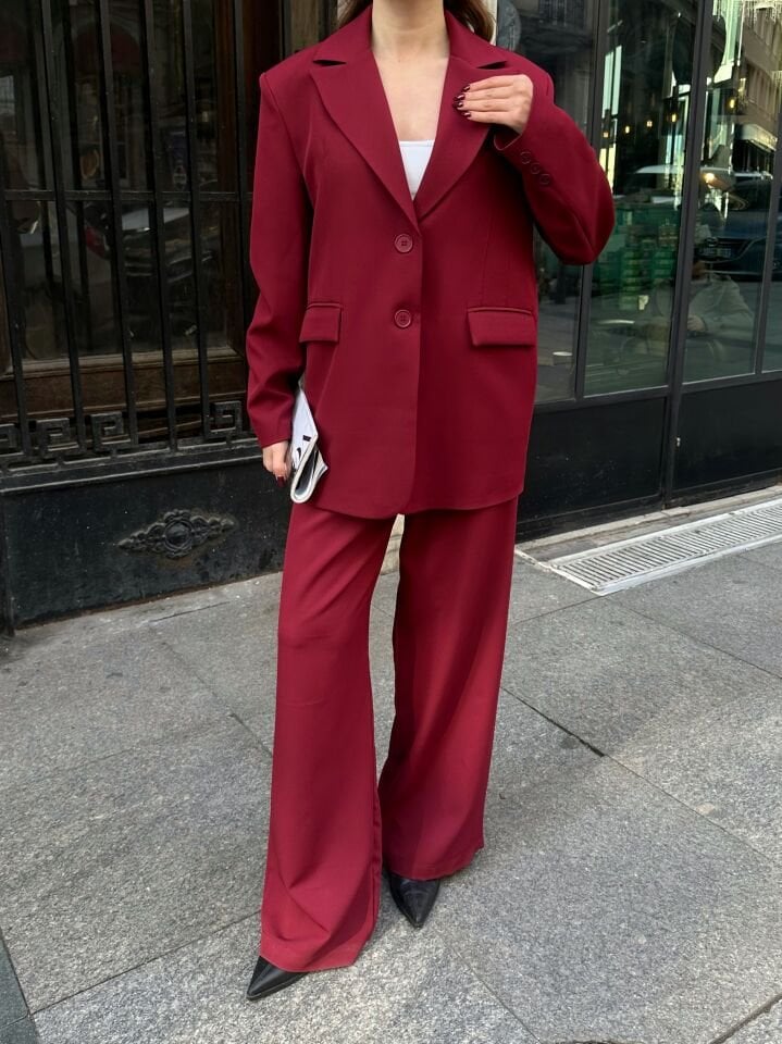 Düğme Detaylı Pensli Blazer Ceket Bordo L