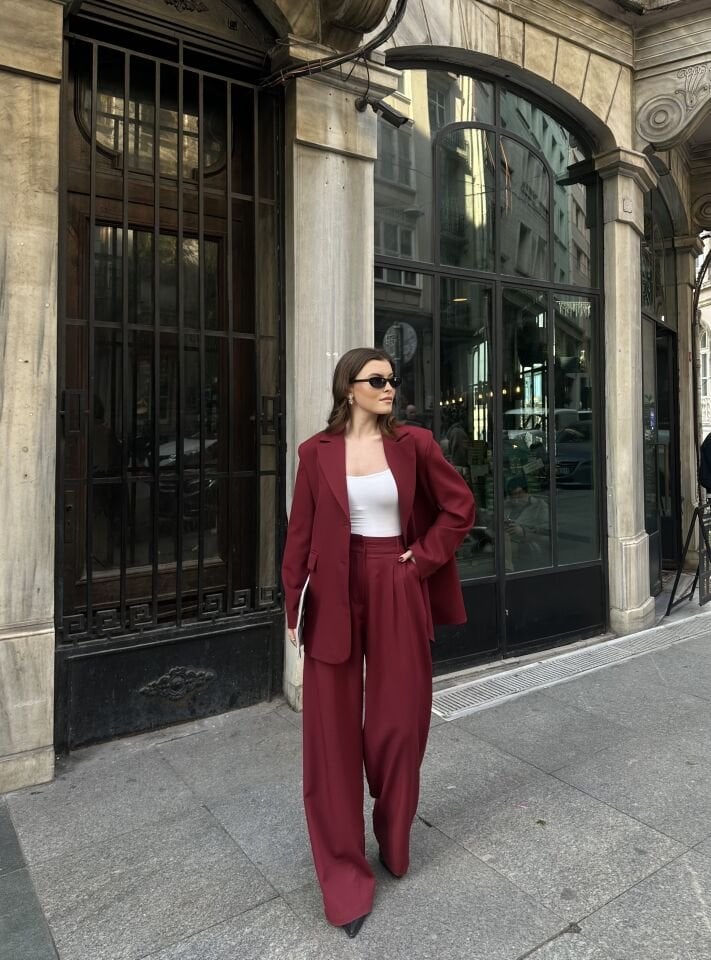 Düğme Detaylı Pensli Blazer Ceket Bordo L