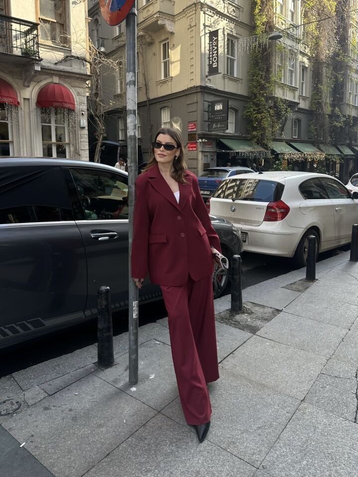 Düğme Detaylı Pensli Blazer Ceket Bordo L