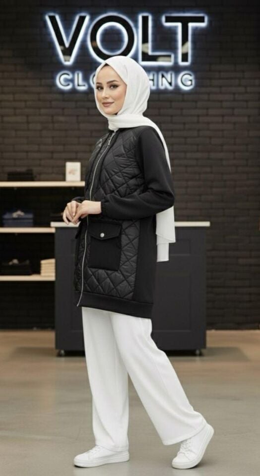 Cep Detaylı Kapitone Desenli Kap  Siyah 2XL