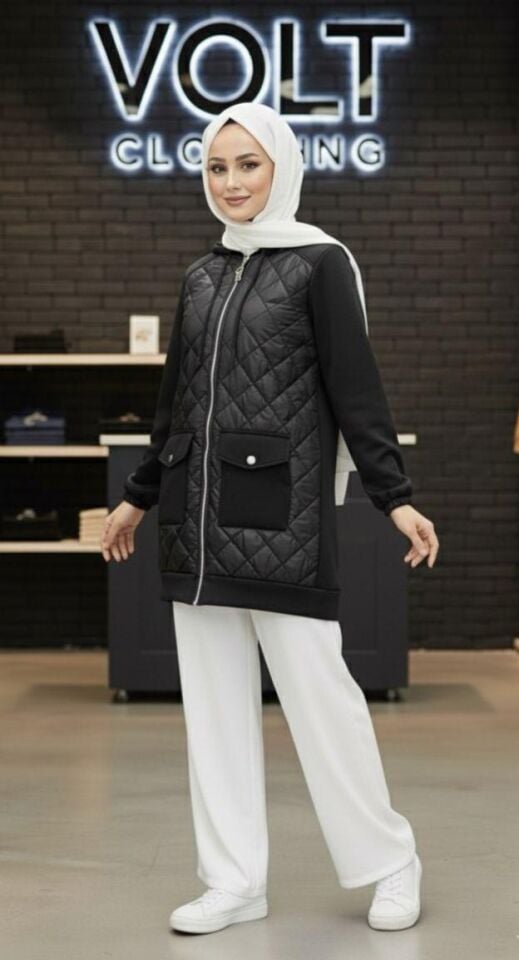 Cep Detaylı Kapitone Desenli Kap  Siyah 2XL