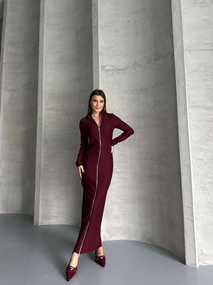 Boydan Fermuarlı Maxi Boy Elbise Bordo XL