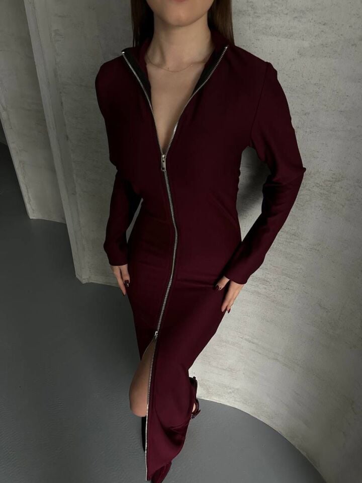 Boydan Fermuarlı Maxi Boy Elbise Bordo XL