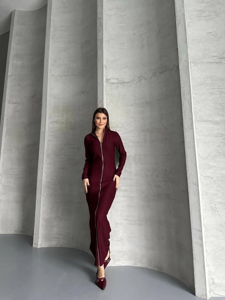Boydan Fermuarlı Maxi Boy Elbise Bordo XL
