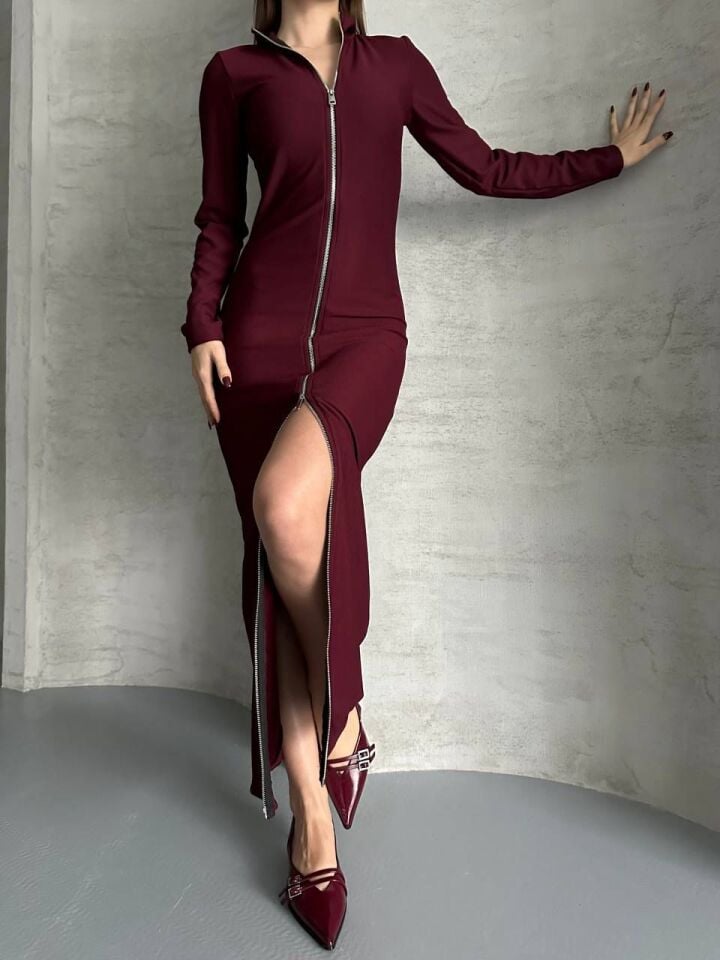 Boydan Fermuarlı Maxi Boy Elbise Bordo XL