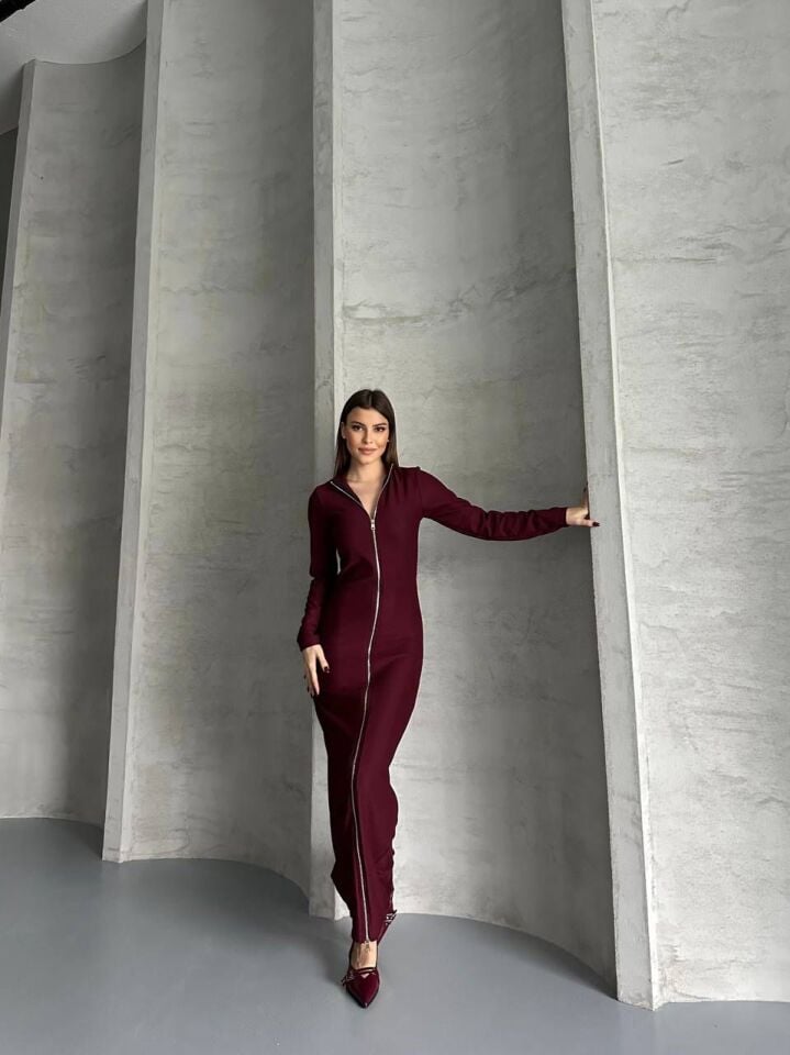 Boydan Fermuarlı Maxi Boy Elbise Bordo XL