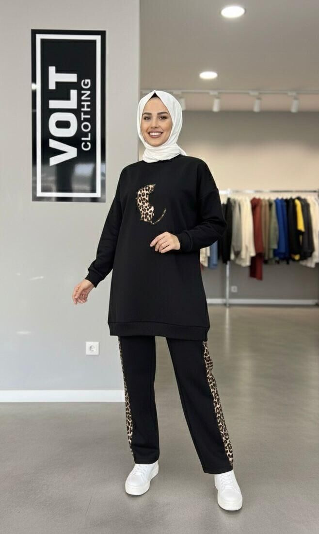 Yandan Leopar Şeritli  Takım Siyah M