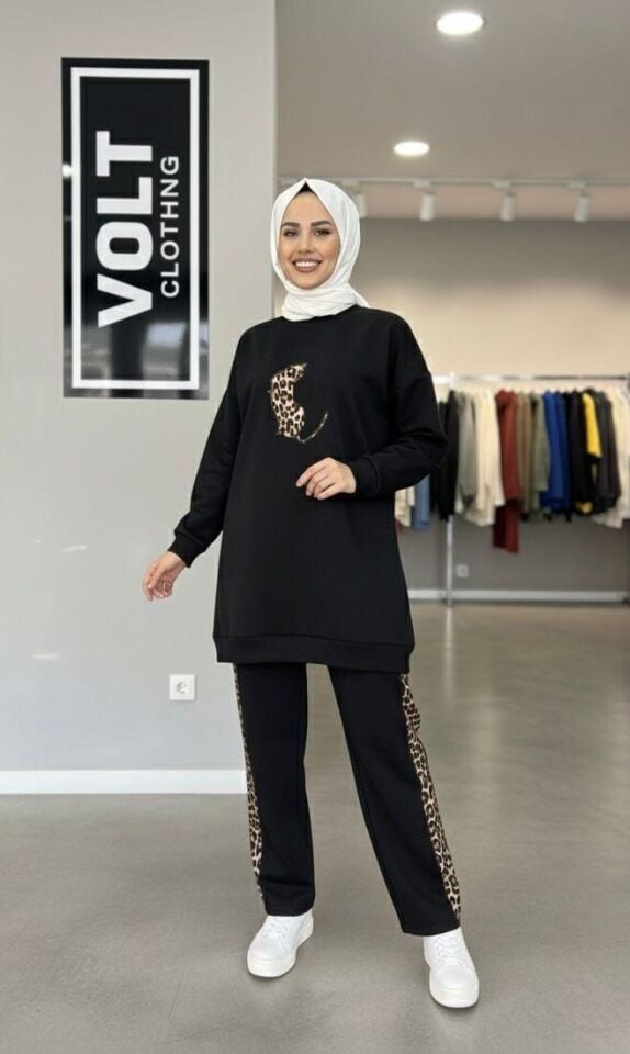 Yandan Leopar Şeritli  Takım Siyah 2XL