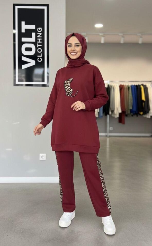 Yandan Leopar Şeritli  Takım Bordo M
