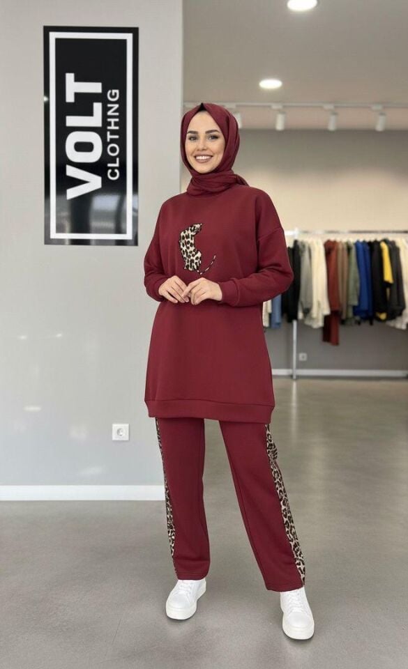 Yandan Leopar Şeritli  Takım Bordo 2XL