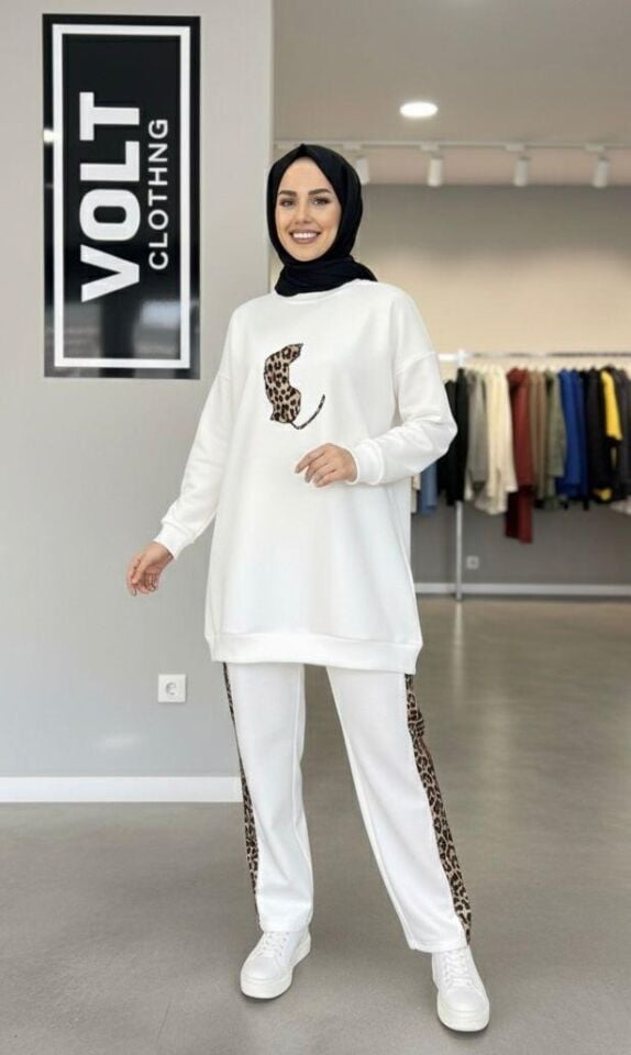 Yandan Leopar Şeritli  Takım Beyaz 2XL