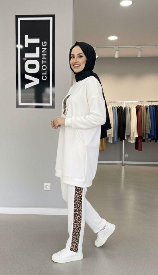 Yandan Leopar Şeritli  Takım Beyaz 2XL