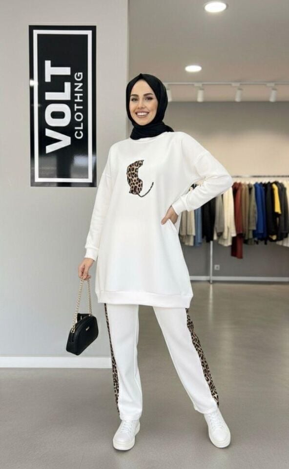 Yandan Leopar Şeritli  Takım Beyaz 2XL