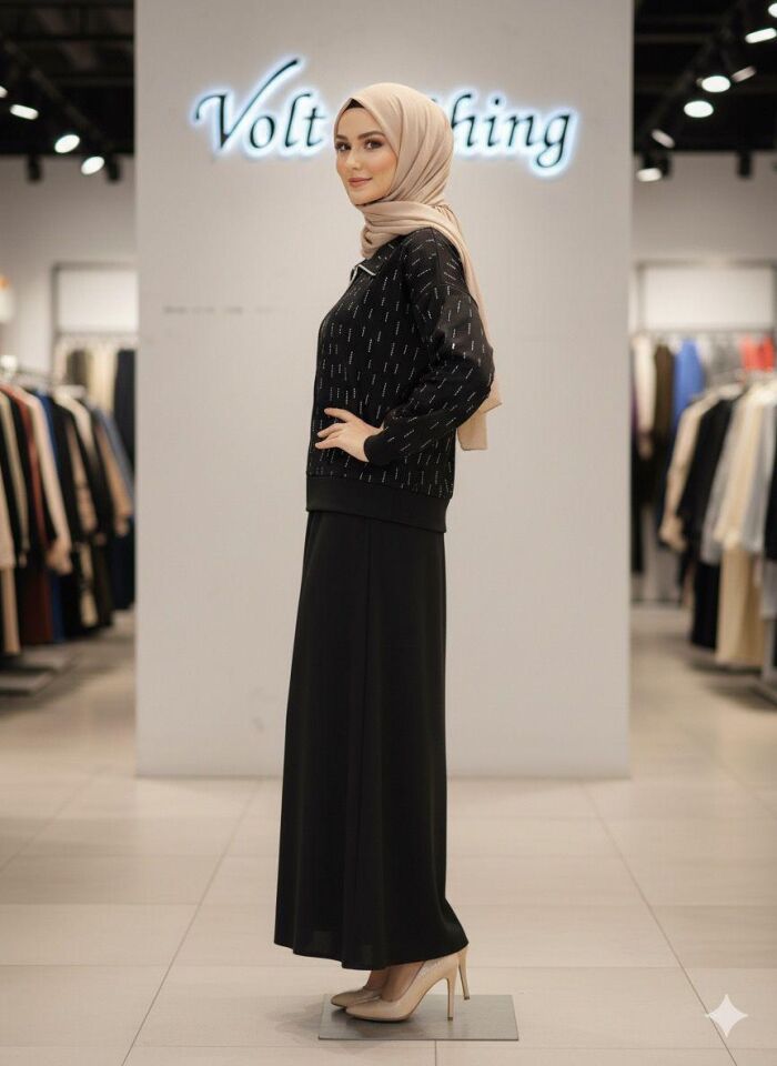 Fermuarlı Işıltılı Takım Siyah M