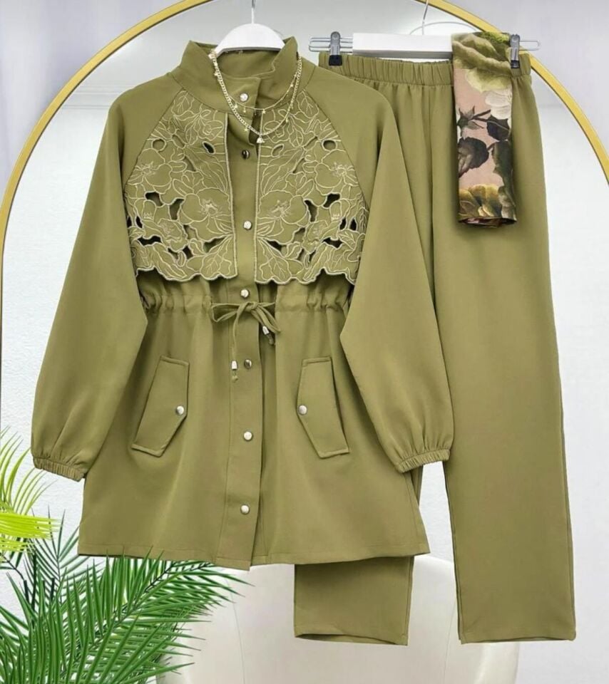 Dantel Detaylı Pantolonlu Takım Yeşil 2XL