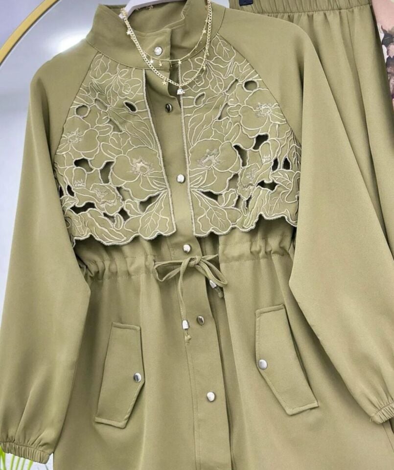 Dantel Detaylı Pantolonlu Takım Yeşil 2XL