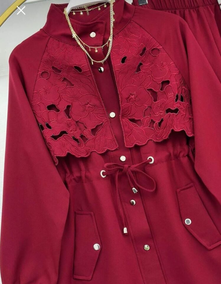 Dantel Detaylı Pantolonlu Takım Bordo 2XL