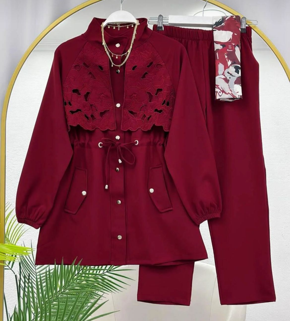 Dantel Detaylı Pantolonlu Takım Bordo M
