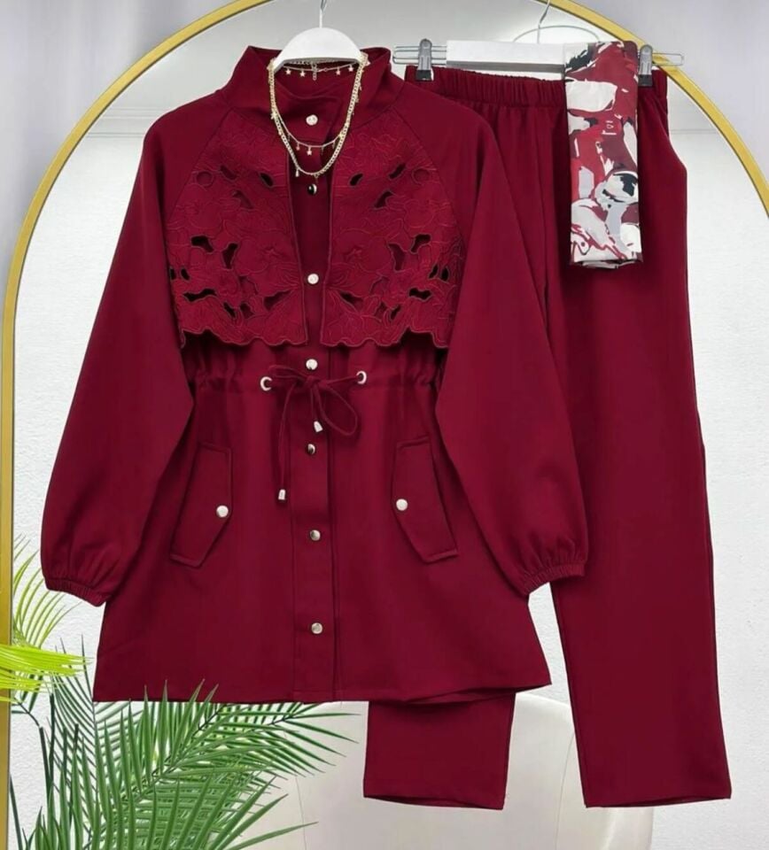 Dantel Detaylı Pantolonlu Takım Bordo 2XL