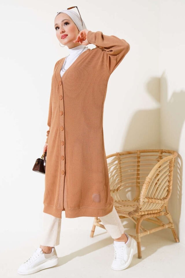 Boy Düğmeli Fitilli Uzun Hırka Camel 2XL