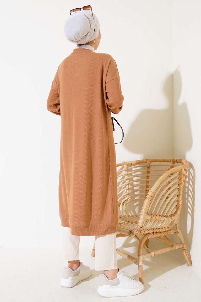 Boy Düğmeli Fitilli Uzun Hırka Camel 2XL