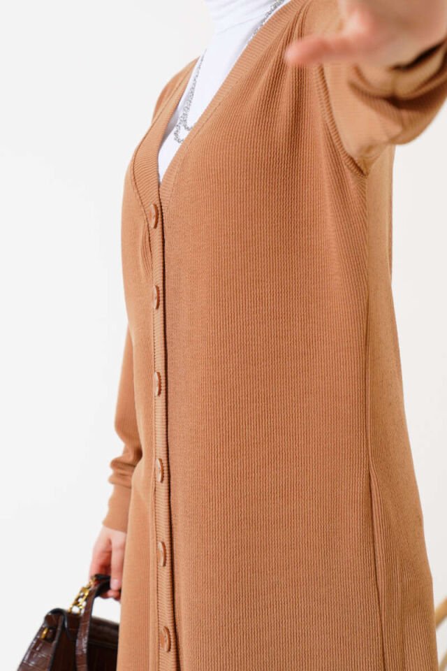Boy Düğmeli Fitilli Uzun Hırka Camel 2XL