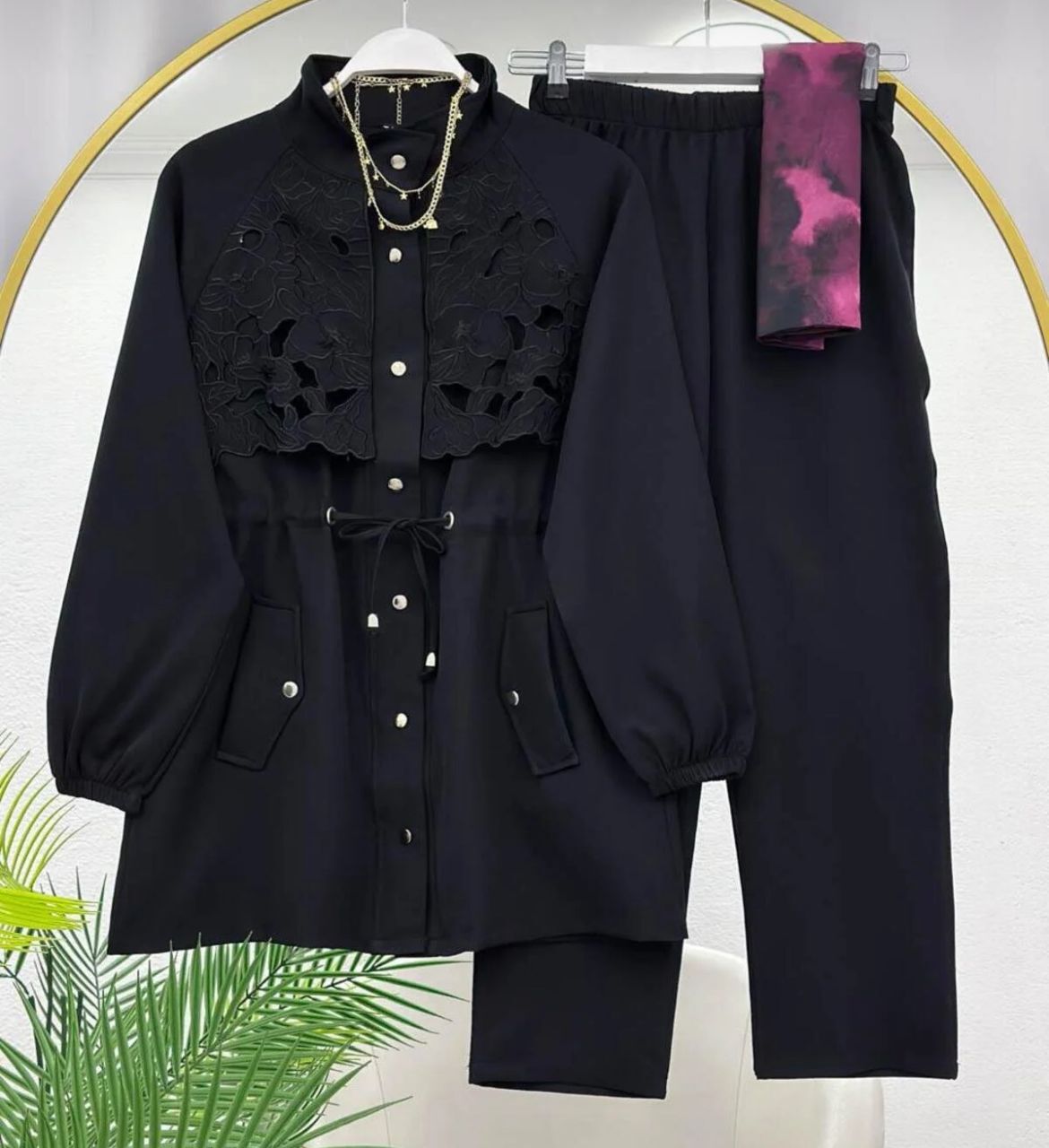 Dantel Detaylı Pantolonlu Takım Siyah M