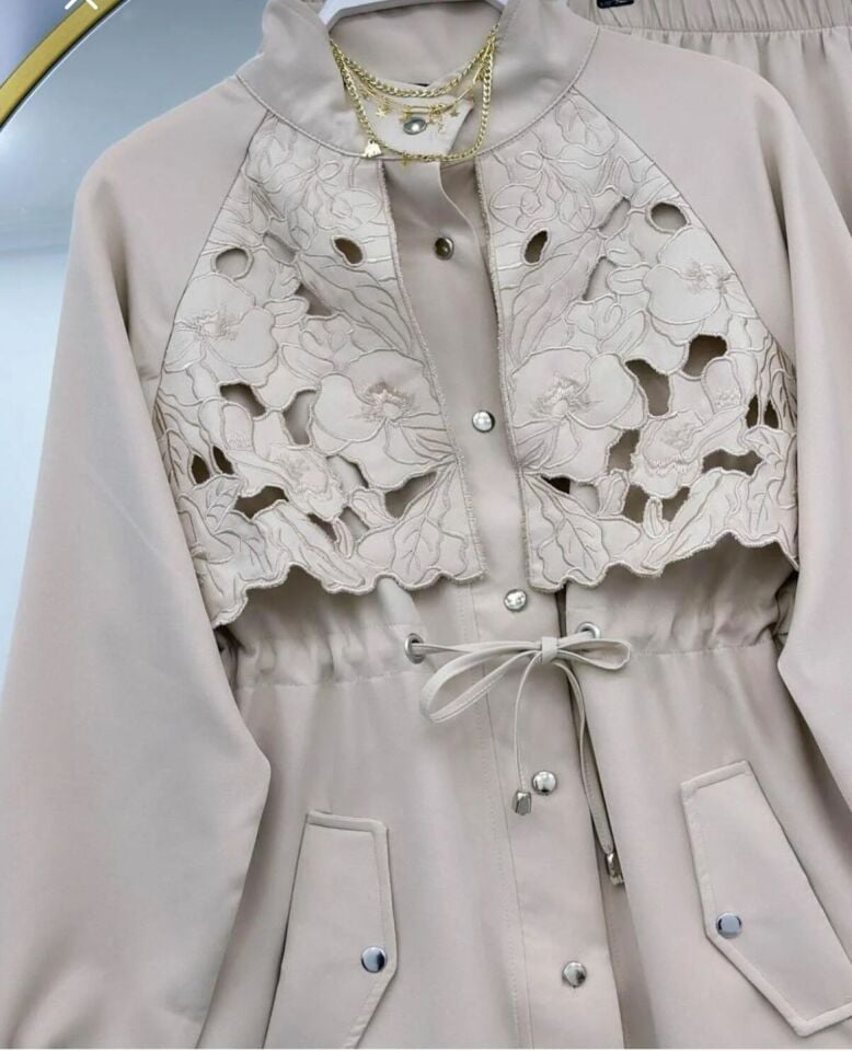 Dantel Detaylı Pantolonlu Takım Gri 2XL