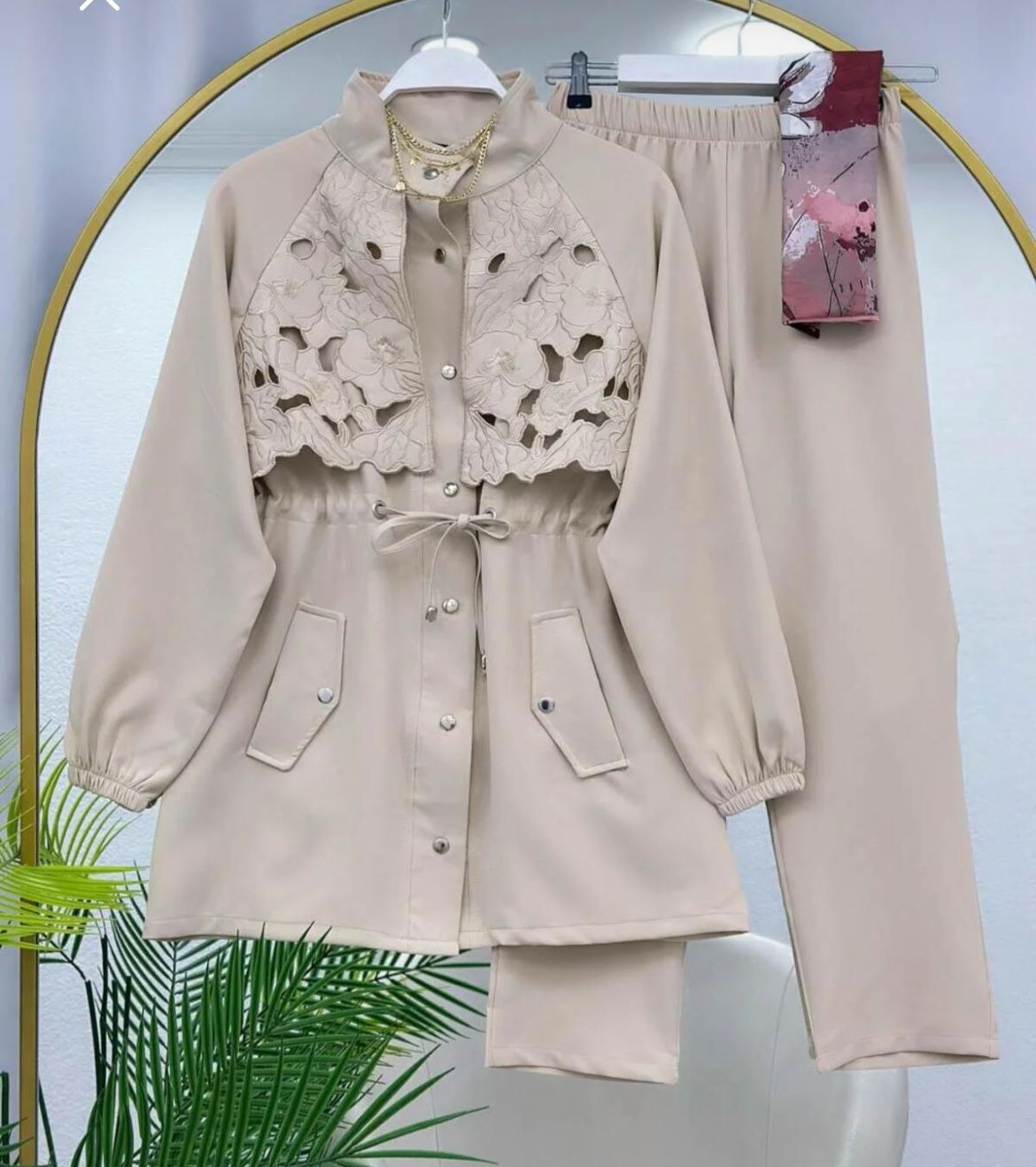 Dantel Detaylı Pantolonlu Takım Gri M