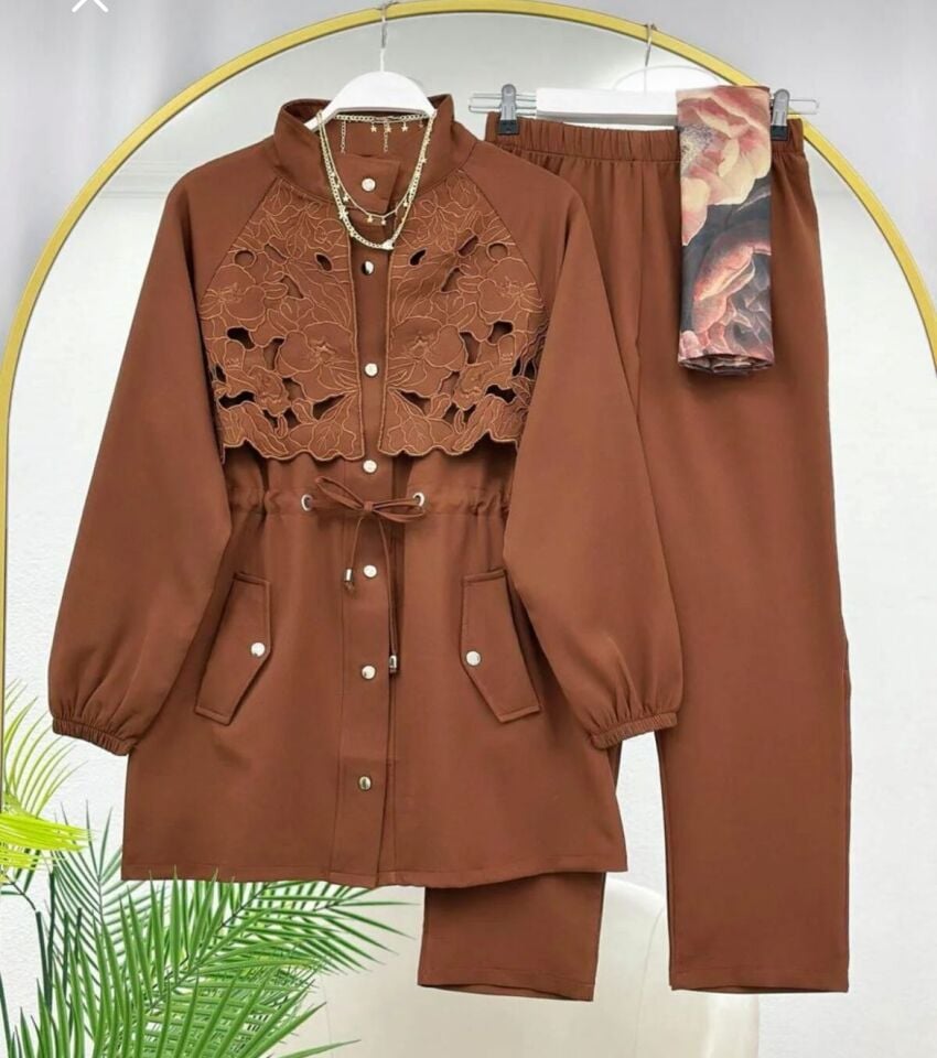 Dantel Detaylı Pantolonlu Takım Kahverengi 2XL