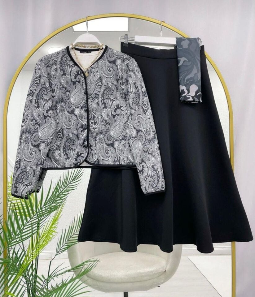 Şal Desen Çeket  Etekli Takım Siyah 2XL