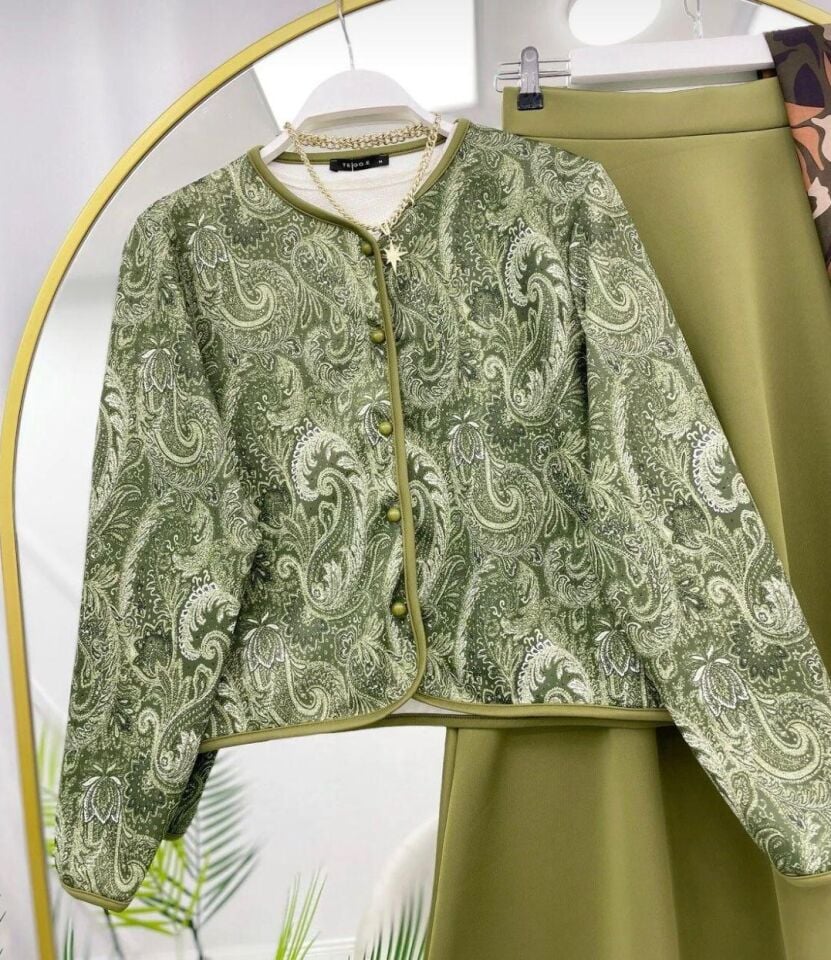 Şal Desen Çeket  Etekli Takım Yeşil 2XL