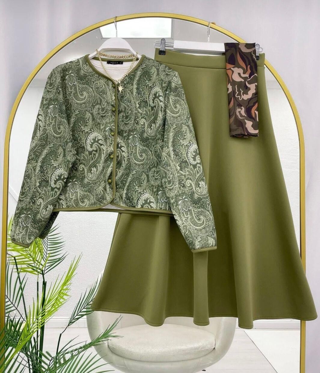 Şal Desen Çeket  Etekli Takım Yeşil M