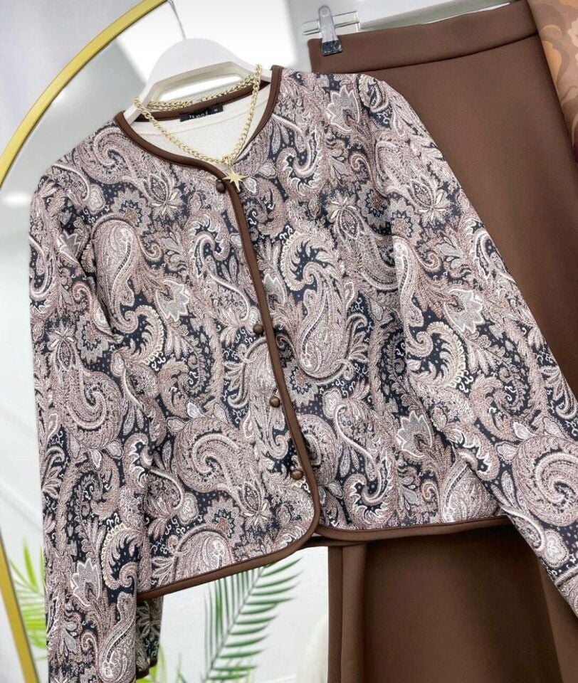 Şal Desen Çeket  Etekli Takım Kahverengi M