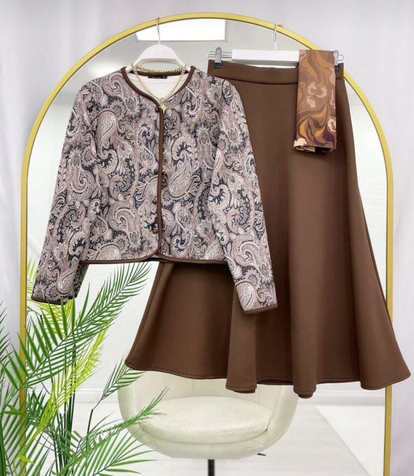 Şal Desen Çeket  Etekli Takım Kahverengi 2XL