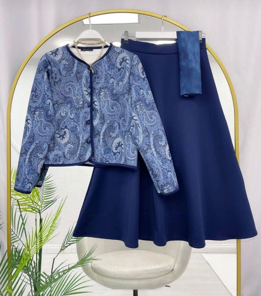 Şal Desen Çeket  Etekli Takım Lacivert 2XL